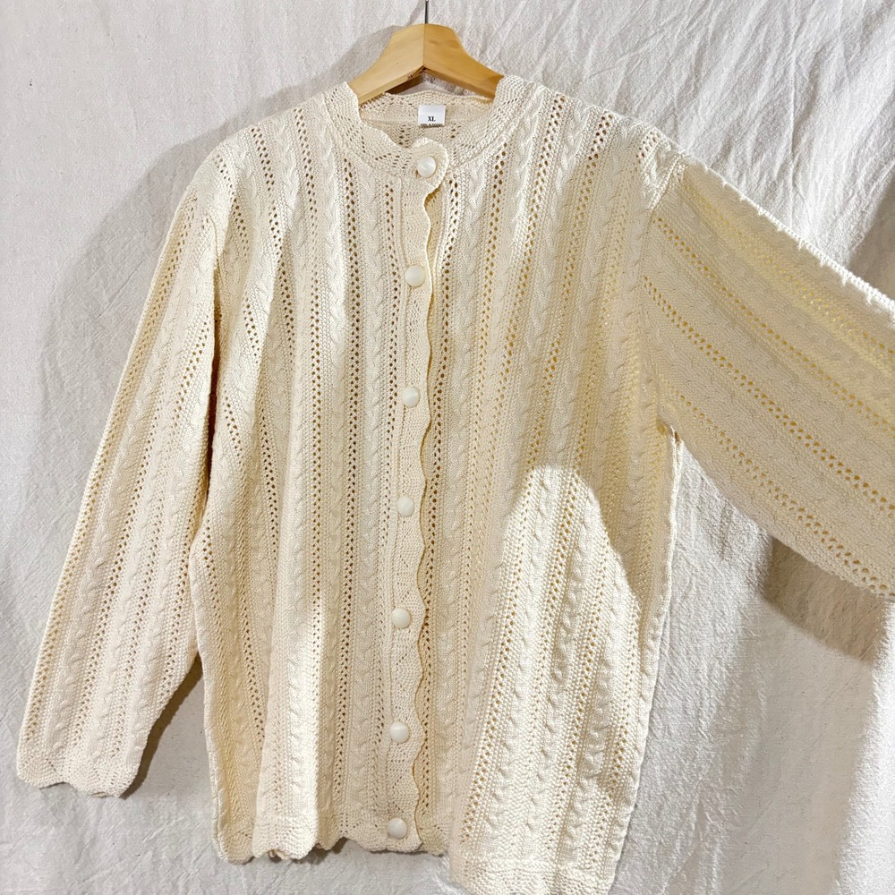 Ivory Cotton Cable Knit Pointelle Scallop Trim Cardigan Sweater Portugal XL
